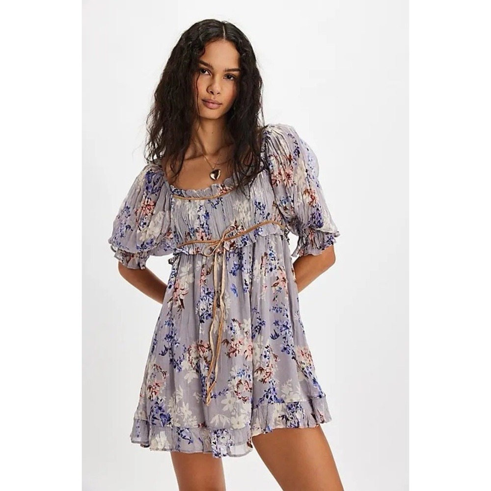 FREE PEOPLE Marney Mini Dress XS Floral Puff Sleeve Ruffled Mini Babydoll Dress